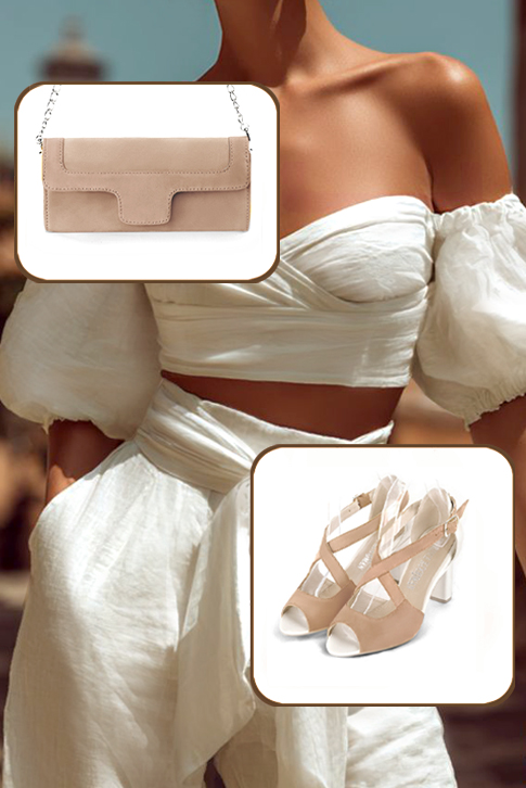 Women's biscuit beige and off white elegant sandals closed at the back with crossed straps. Round toe. High kitten heels - Worn view