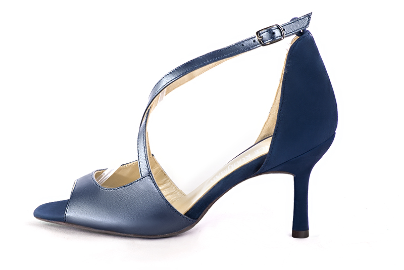 Denim blue women's closed back sandals, with crossed straps. Square toe. High slim heel. Profile view - Florence KOOIJMAN