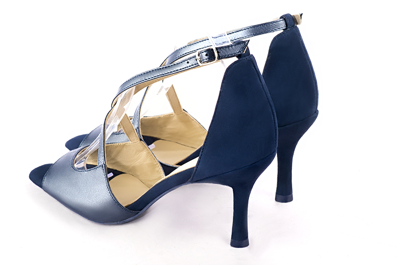 Denim blue women's closed back sandals, with crossed straps. Square toe. High slim heel. Rear view - Florence KOOIJMAN
