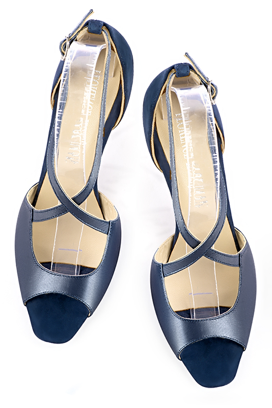 Denim blue women's closed back sandals, with crossed straps. Square toe. High slim heel. Top view - Florence KOOIJMAN