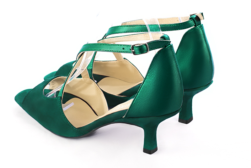 Forest green women's closed back sandals, with crossed straps. Square toe. Medium spool heels. Rear view - Florence KOOIJMAN