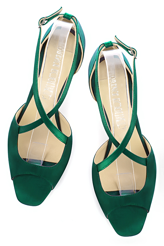 Forest green women's closed back sandals, with crossed straps. Square toe. Medium spool heels. Top view - Florence KOOIJMAN