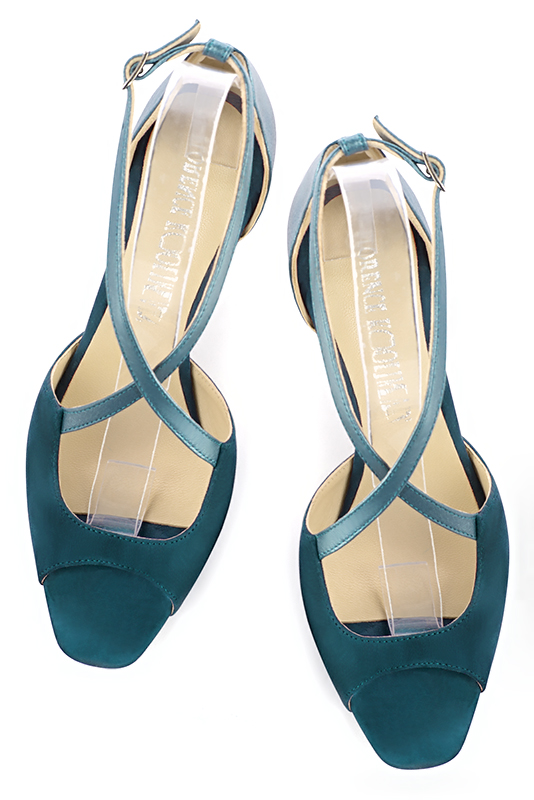 Peacock blue women's closed back sandals, with crossed straps. Square toe. Medium spool heels. Top view - Florence KOOIJMAN
