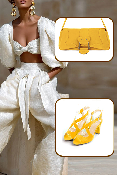 Women's yellow elegant cross straps sandals. Round toe. High kitten heels - Top view