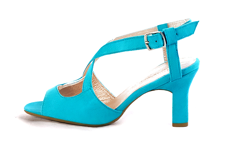 Turquoise blue women's open back sandals, with crossed straps. Round toe. High kitten heels. Profile view - Florence KOOIJMAN