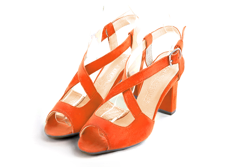 Clementine orange women's open back sandals, with crossed straps. Round toe. High kitten heels. Front view - Florence KOOIJMAN