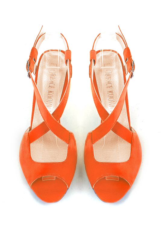 Clementine orange women's open back sandals, with crossed straps. Round toe. High kitten heels. Top view - Florence KOOIJMAN
