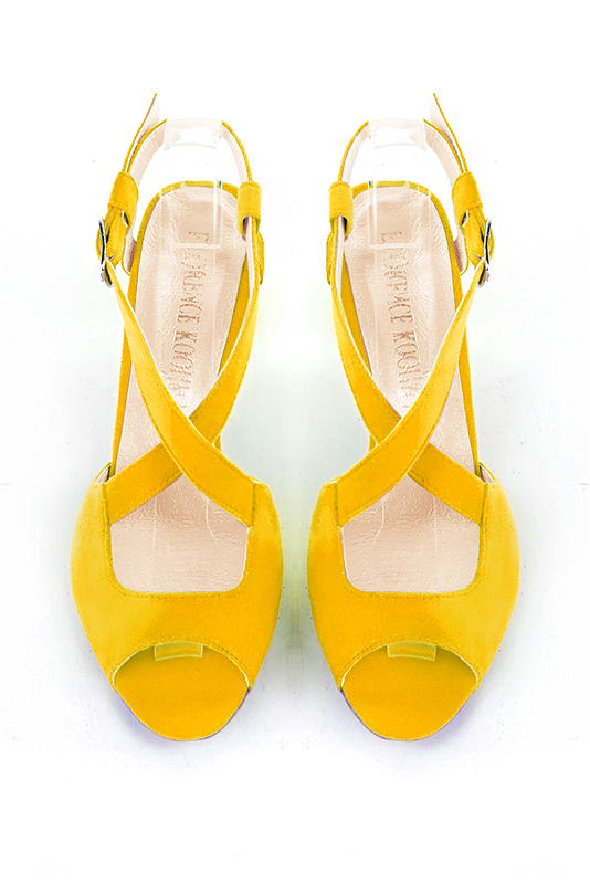 Yellow women's open back sandals, with crossed straps. Round toe. High kitten heels. Top view - Florence KOOIJMAN