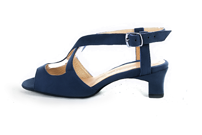Navy blue women's open back sandals, with crossed straps. Round toe. Low kitten heels. Profile view - Florence KOOIJMAN