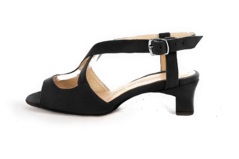 Matt black women's open back sandals, with crossed straps. Round toe. Low kitten heels. Profile view - Florence KOOIJMAN