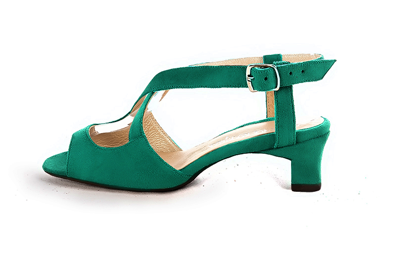 Emerald green women's open back sandals, with crossed straps. Round toe. Low kitten heels. Profile view - Florence KOOIJMAN