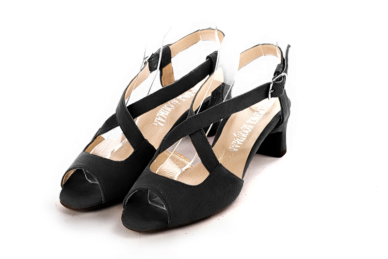 Matt black women's open back sandals, with crossed straps. Round toe. Low kitten heels - Florence KOOIJMAN