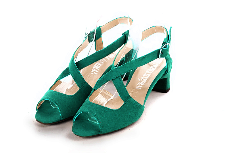Emerald green women's open back sandals, with crossed straps. Round toe. Low kitten heels. Front view - Florence KOOIJMAN