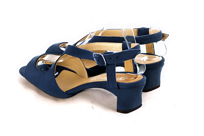 Navy blue women's open back sandals, with crossed straps. Round toe. Low kitten heels. Rear view - Florence KOOIJMAN