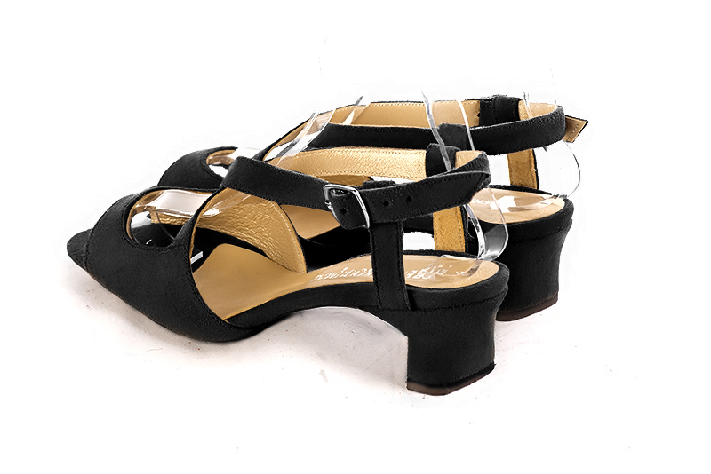 Matt black women's open back sandals, with crossed straps. Round toe. Low kitten heels. Rear view - Florence KOOIJMAN