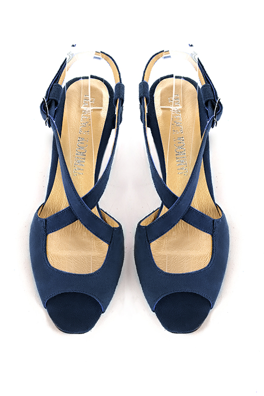 Navy blue women's open back sandals, with crossed straps. Round toe. Low kitten heels. Top view - Florence KOOIJMAN