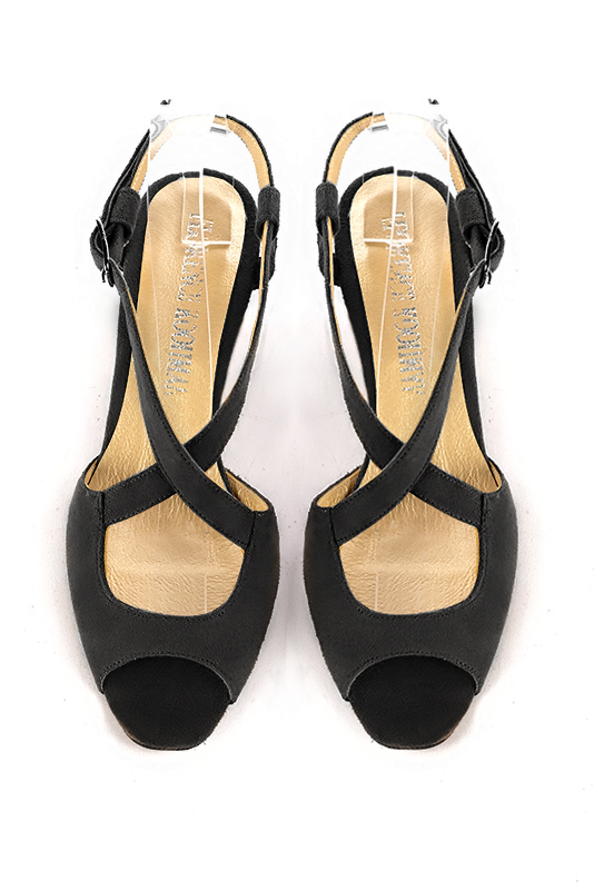 Matt black women's open back sandals, with crossed straps. Round toe. Low kitten heels. Top view - Florence KOOIJMAN
