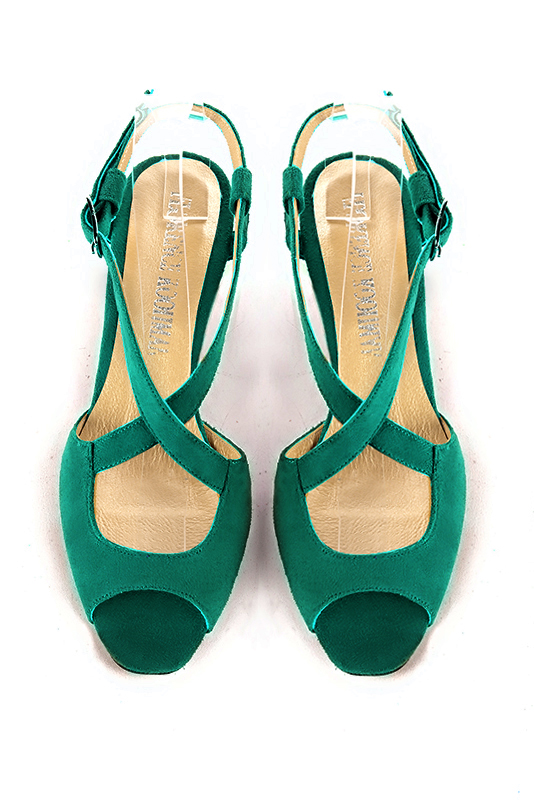 Emerald green women's open back sandals, with crossed straps. Round toe. Low kitten heels. Top view - Florence KOOIJMAN