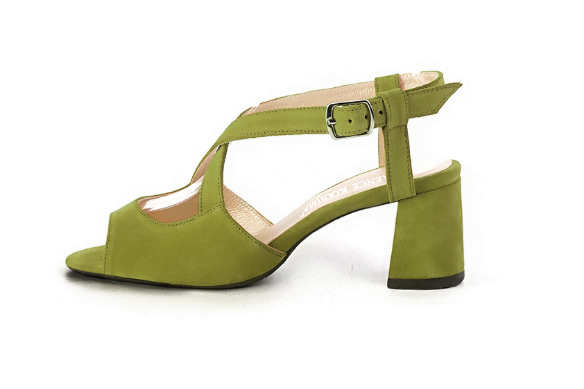 Pistachio green women's open back sandals, with crossed straps. Round toe. Medium flare heels. Profile view - Florence KOOIJMAN