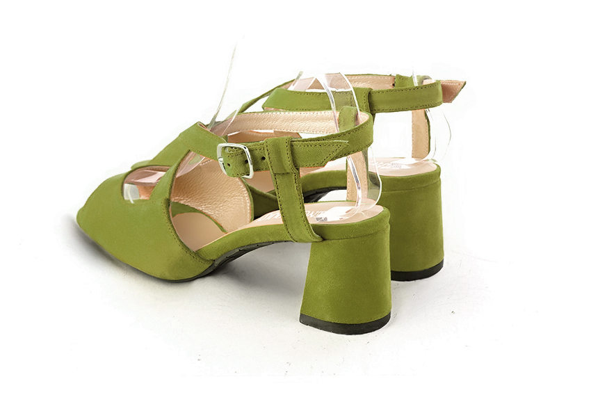 Pistachio green women's open back sandals, with crossed straps. Round toe. Medium flare heels. Rear view - Florence KOOIJMAN