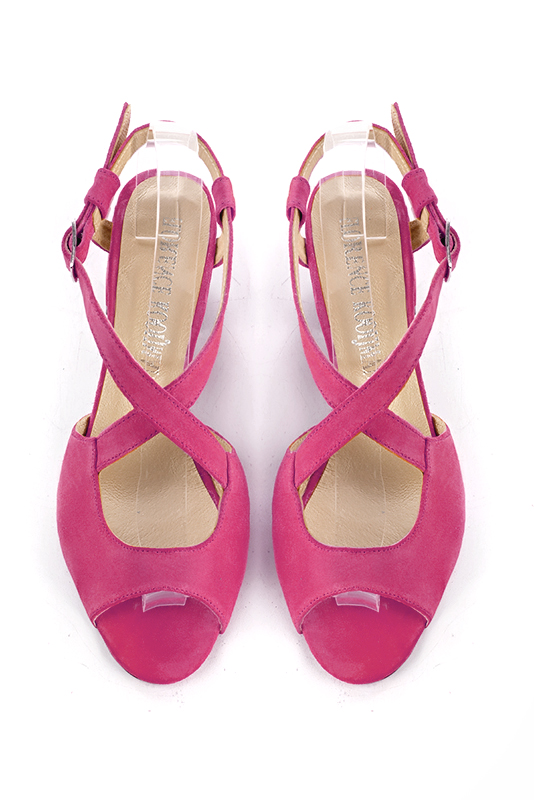Fuschia pink women's open back sandals, with crossed straps. Round toe. Medium flare heels. Top view - Florence KOOIJMAN