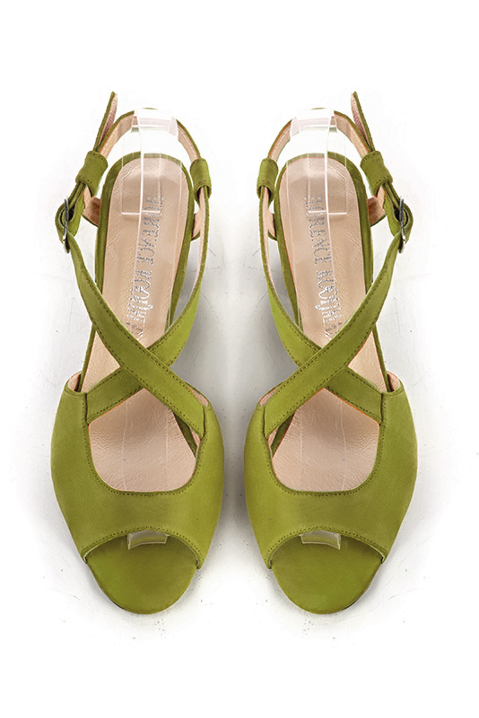 Pistachio green women's open back sandals, with crossed straps. Round toe. Medium flare heels. Top view - Florence KOOIJMAN