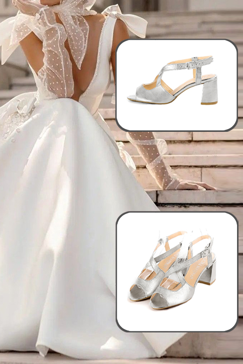 Women's silver elegant cross straps sandals. Round toe. Medium flare heels - Worn view