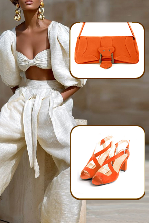 Women's clementine orange elegant cross straps sandals. Round toe. High kitten heels - Top view