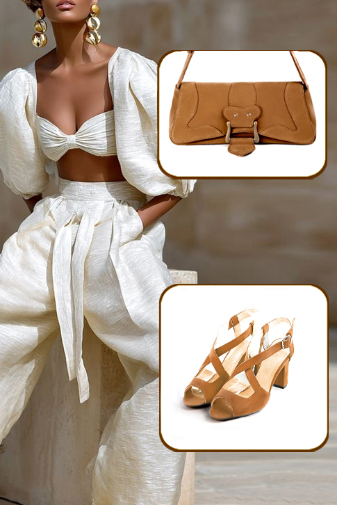 Women's camel beige elegant cross straps sandals. Round toe. High kitten heels - Top view