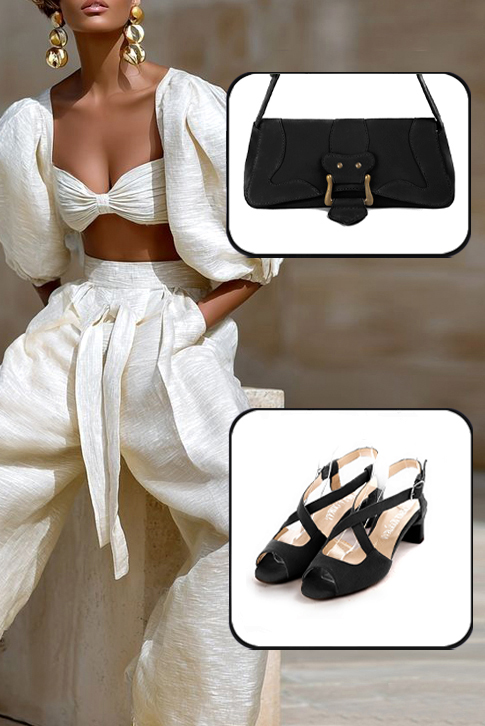 Women's matt black elegant cross straps sandals. Round toe. Low kitten heels - Top view