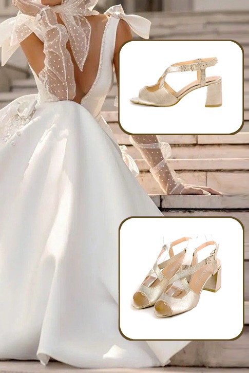Women's gold elegant cross straps sandals. Round toe. Medium flare heels - Worn view