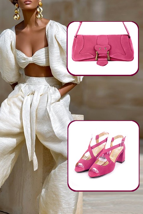 Women's fuchsia pink elegant cross straps sandals. Round toe. Medium flare heels - Top view