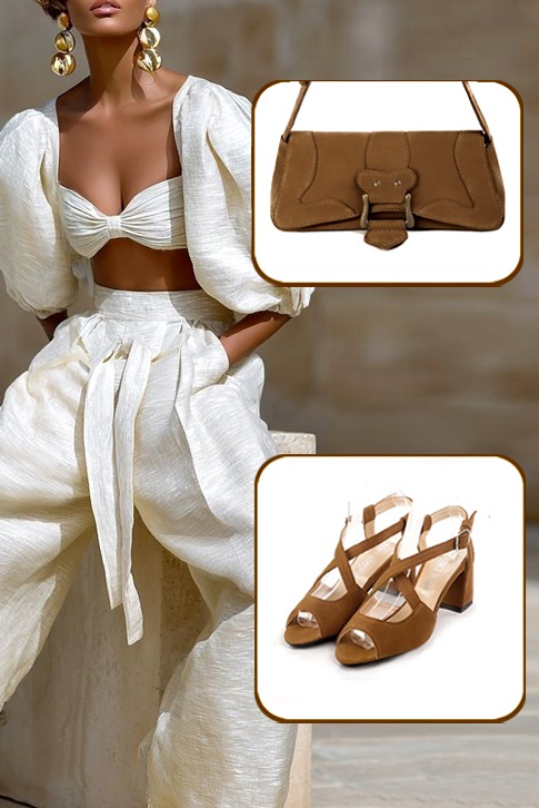 Women's caramel brown elegant cross straps sandals. Round toe. Medium flare heels - Top view