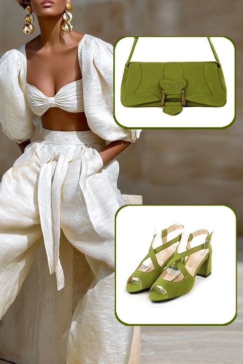 Women's pistachio green elegant cross straps sandals. Round toe. Medium flare heels - Top view