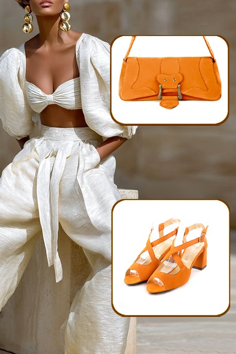 Women's apricot orange elegant cross straps sandals. Round toe. Medium flare heels - Top view