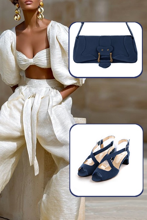 Women's navy blue elegant cross straps sandals. Round toe. Low kitten heels - Top view