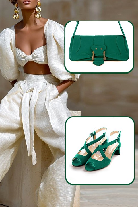 Women's emerald green elegant cross straps sandals. Round toe. Low kitten heels - Top view