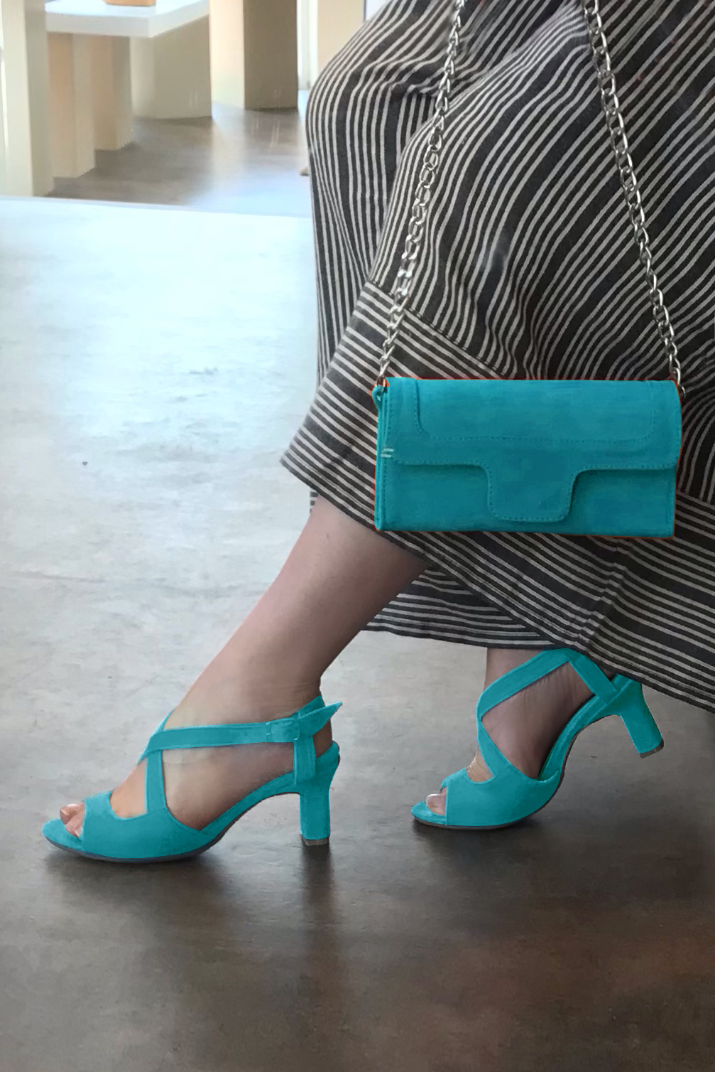 Turquoise blue women's open back sandals, with crossed straps. Round toe. High kitten heels. Worn view - Florence KOOIJMAN