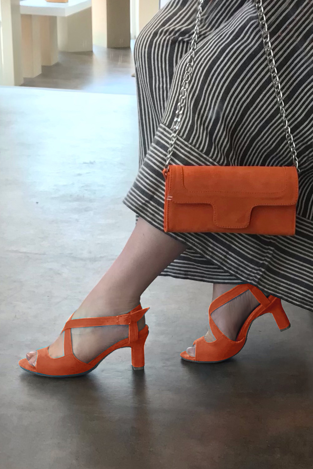 Clementine orange women's open back sandals, with crossed straps. Round toe. High kitten heels. Worn view - Florence KOOIJMAN