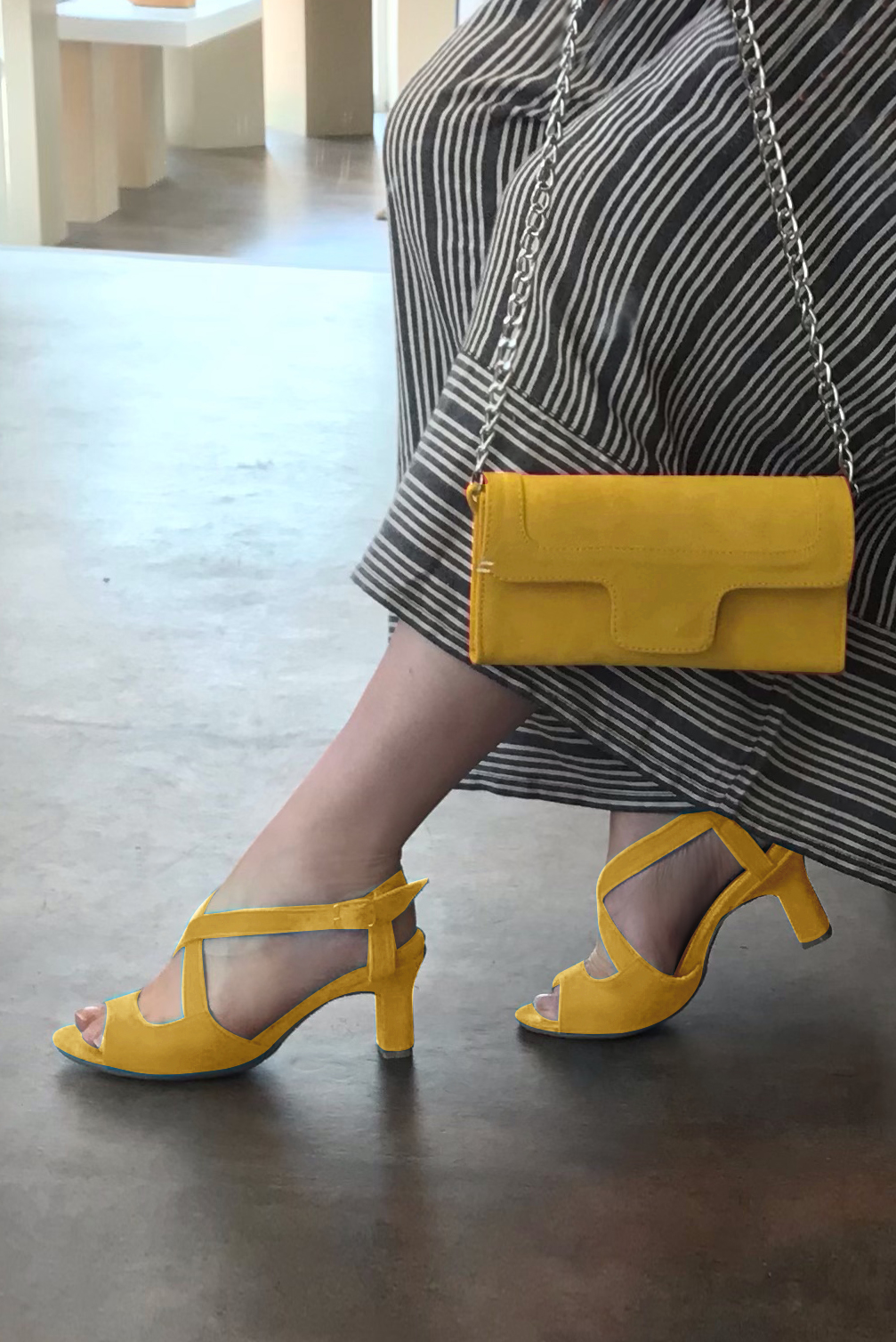 Yellow women's open back sandals, with crossed straps. Round toe. High kitten heels. Worn view - Florence KOOIJMAN