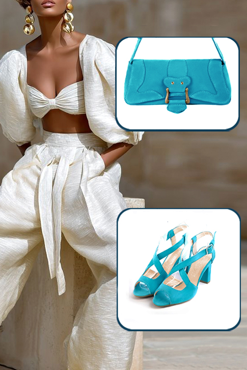 Women's turquoise blue elegant cross straps sandals. Round toe. High kitten heels - Top view