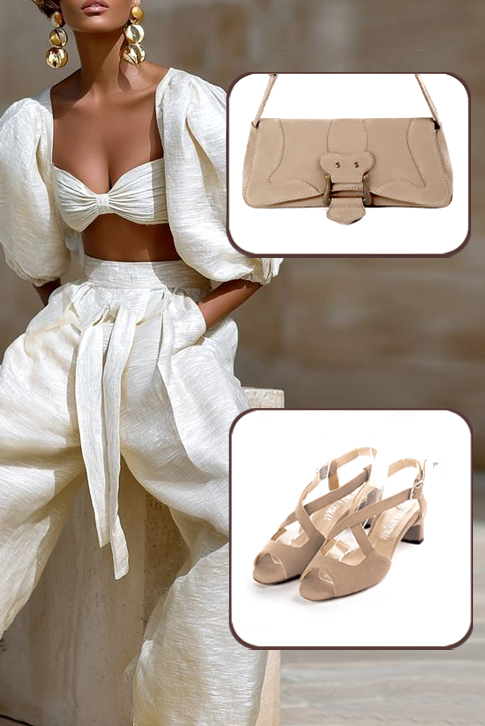 Women's tan beige elegant cross straps sandals. Round toe. Low kitten heels - Top view