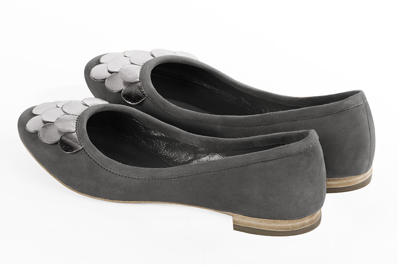 Dove grey and dark silver women's ballet pumps, with flat heels. Round toe. Flat leather soles. Rear view - Florence KOOIJMAN