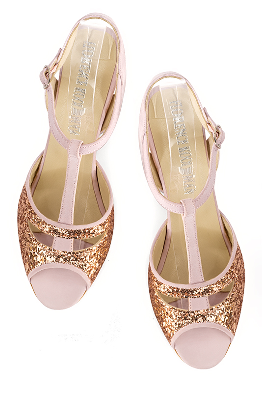 Copper gold and powder pink women's slingback sandals. Round toe. High slim heel. Top view - Florence KOOIJMAN