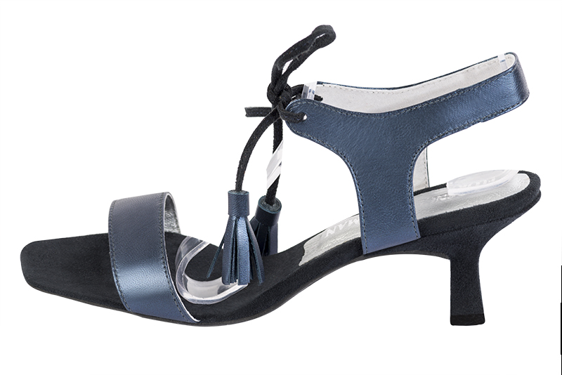 Prussian blue women's fully open sandals, with an instep strap. Square toe. Medium spool heels. Profile view - Florence KOOIJMAN