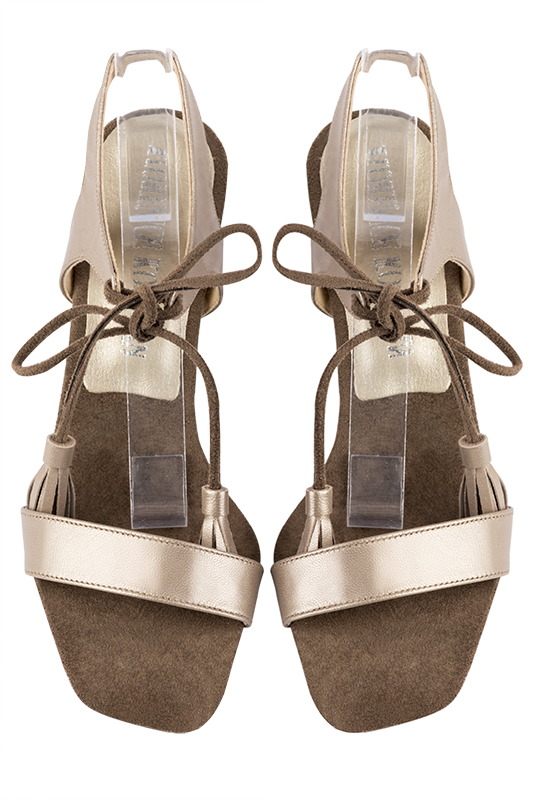 Tan beige and chocolate brown women's fully open sandals, with an instep strap. Square toe. Medium spool heels. Top view - Florence KOOIJMAN
