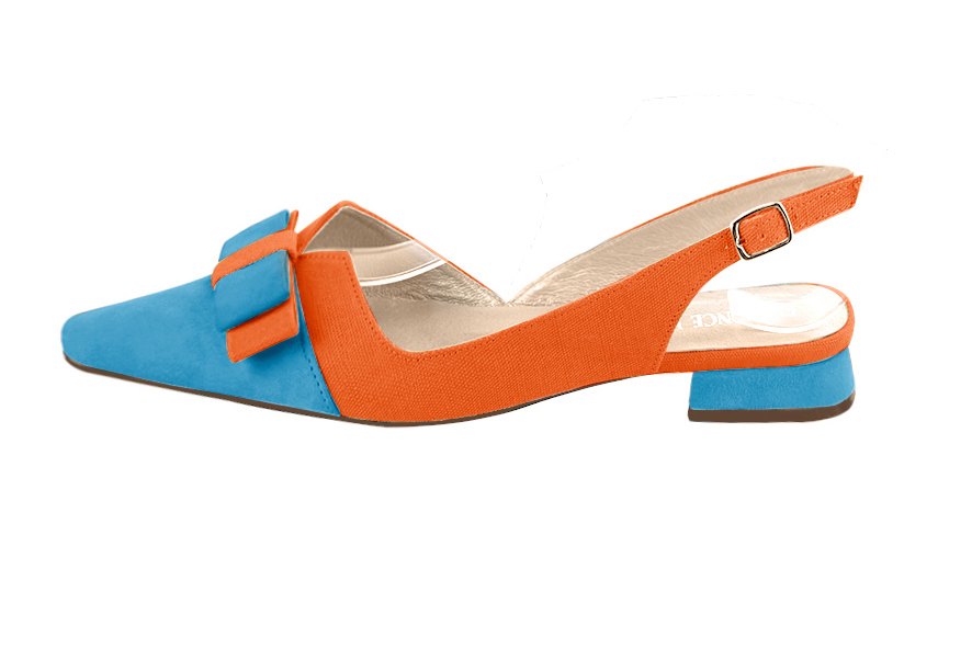 Women's dress slingback bow heels and handbag to match a turquoise blue and clementine orange outfit