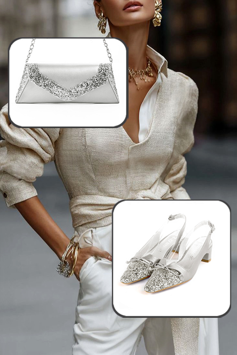 Women's silver elegant slingback heels, with a bow on the front. Tapered toe. Low kitten heels - Top view