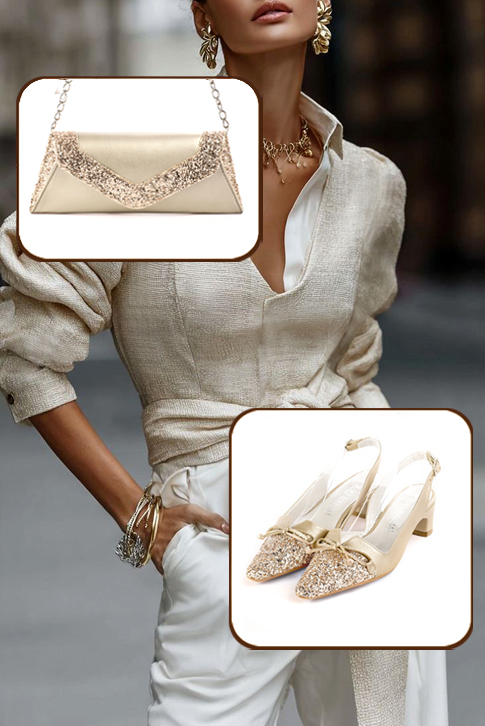 Women's gold elegant slingback heels, with a bow on the front. Tapered toe. Low kitten heels - Top view