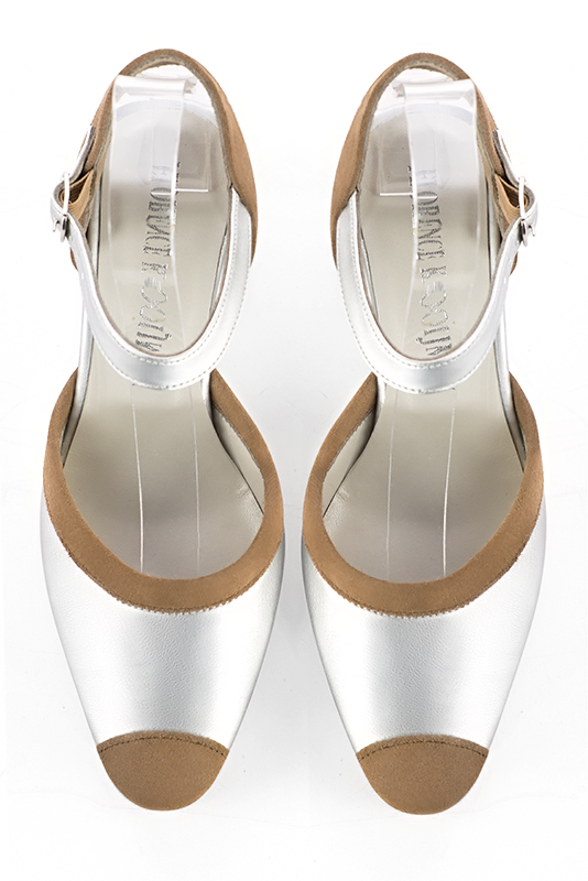 Tan beige and light silver women's open back shoes, with an instep strap. Round toe. Medium wedge heels. Top view - Florence KOOIJMAN